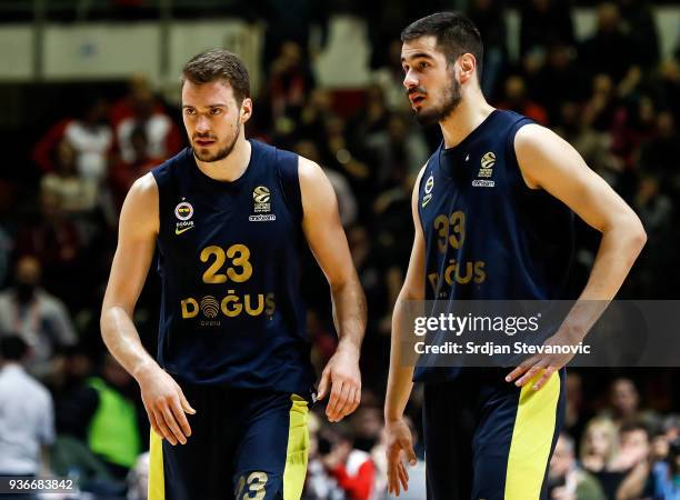 Marko Guduric and Nikola Kalinic of Fenerbahce look on during the 2017/2018 Turkish Airlines EuroLeague Regular Season game between Crvena Zvezda mts...