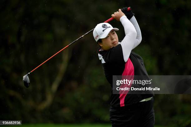 Shanshan Feng of China tees off the 2nd tee during Round One of the LPGA KIA CLASSIC at the Park Hyatt Aviara golf course on March 22, 2018 in...