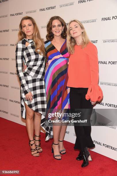 Blake Lively, Felicity Blunt and Emily Blunt attend the "Final Portrait" New York screening at Guggenheim Museum on March 22, 2018 in New York City.