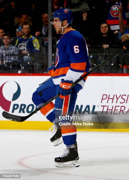 Ryan Pulock of the New York Islanders celebrates his first-period power play goal against the Tampa Bay Lightning at Barclays Center on March 22,...