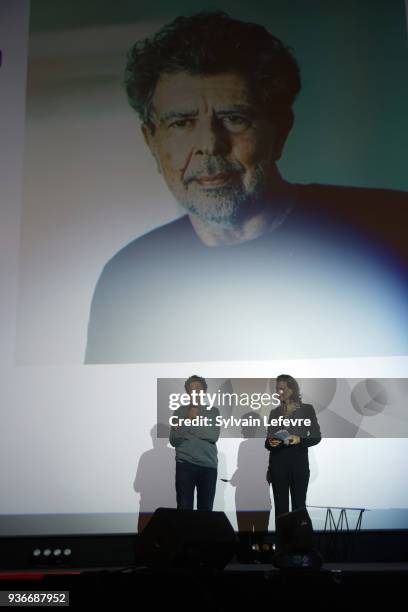 Actress and humorist Armelle and composer Gabriel Yared attend the Tribute to Gabriel Yared during Valenciennes Film Festival on March 22, 2018 in...