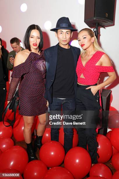 Tiffany Hsu, Han Chong, Self-Portrait Founder and Creative Director, and Tina Leung attend the Self-Portrait store opening after-party at Central St...