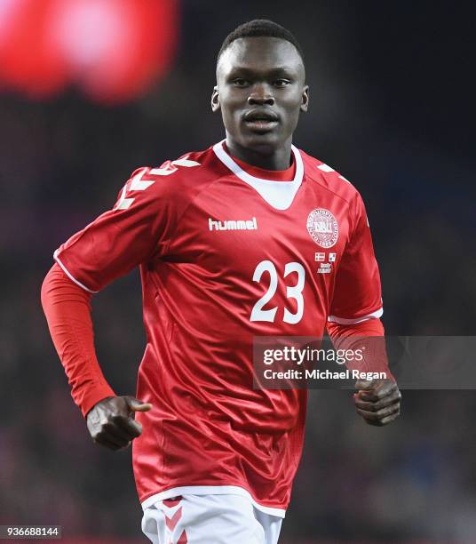 Pione Sisto of Denmark in action during the International Friendly match between Denmark and Panama at Brondby Stadion on March 22, 2018 in Brondby,...