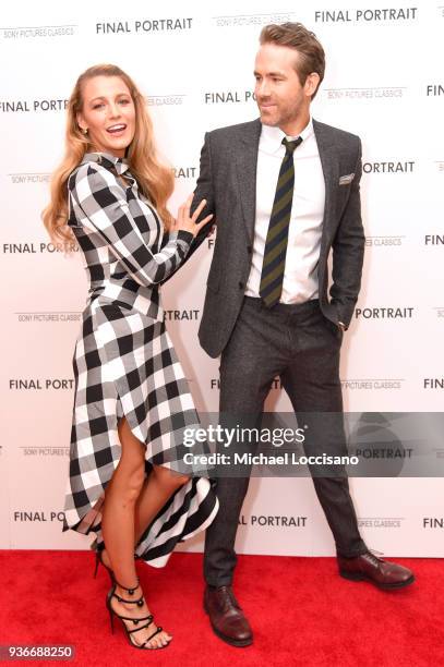 Actors Blake Lively and Ryan Renolds attend the "Final Portrait" New York Screening at Guggenheim Museum on March 22, 2018 in New York City.