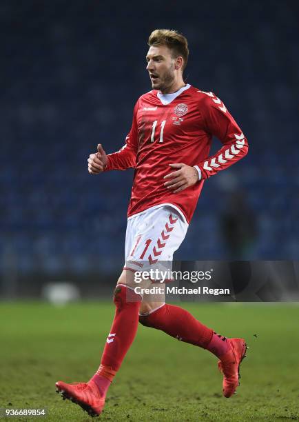 Nicklas Bendtner of Denmark looks on during the International Friendly match between Denmark and Panama at Brondby Stadion on March 22, 2018 in...