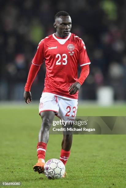 Pione Sisto of Denmark in action during the International Friendly match between Denmark and Panama at Brondby Stadion on March 22, 2018 in Brondby,...