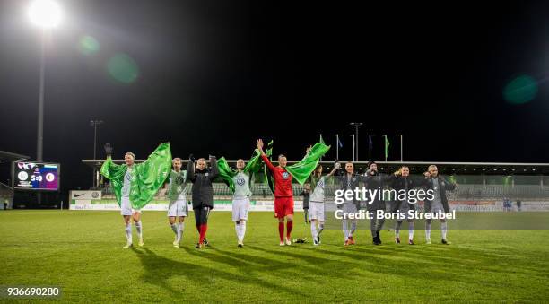 The team of Wolfsburg celebrate with their fans after winning the UEFA Women's Champions League Quarter Final first leg match between VfL Wolfsburg...