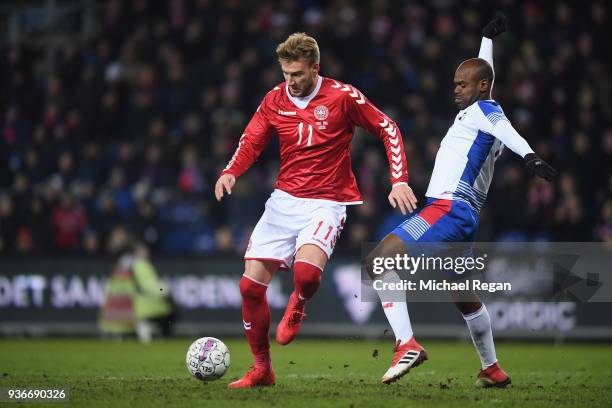 Nicklas Bendtner of Denmark in action with Adolfo Machado of Panama during the International Friendly match between Denmark and Panama at Brondby...