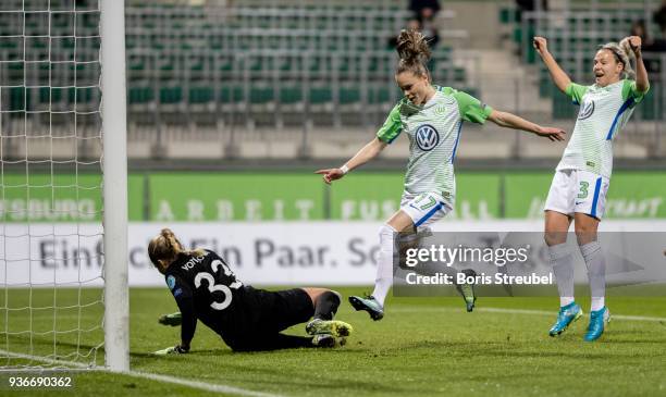 Ewa Pajor of VfL Wolfsburg celebrates after scoring her team's fifth goal during the UEFA Women's Champions League Quarter Final first leg match...