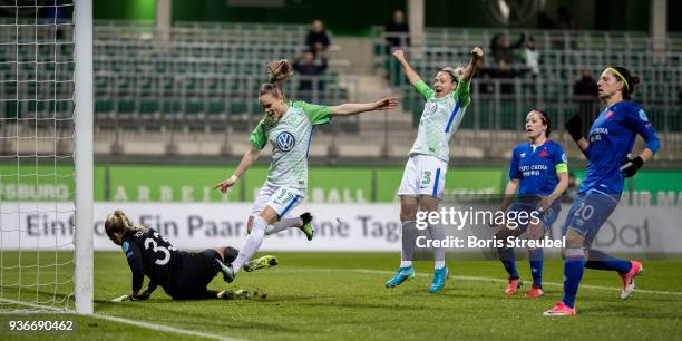 Ewa Pajor of VfL Wolfsburg celebrates after scoring her team's fifth goal during the UEFA Women's Champions League Quarter Final first leg match...