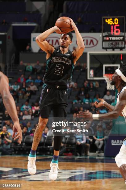 Jeremy Lamb of the Charlotte Hornets shoots the ball against the Memphis Grizzlies on March 22, 2018 at Spectrum Center in Charlotte, North Carolina....