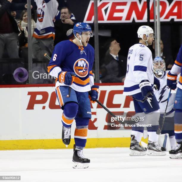 Ryan Pulock of the New York Islanders celebrates his powerplay goal at 10:24 of the first period against the Tampa Bay Lightning at the Barclays...