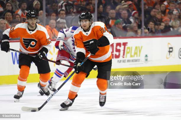 Matt Read of the Philadelphia Flyer skates with the puck against the New York Rangers in the first period at Wells Fargo Center on March 22, 2018 in...