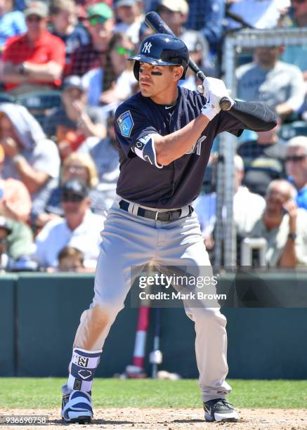 Jacoby Ellsbury of the New York Yankees at bat in the third inning during the spring training game between the Minnesota Twins and the New York...