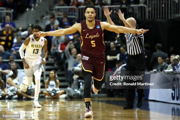 Marques Townes of the Loyola Ramblers reacts after a basket in the first half against the Nevada Wolf Pack during the 2018 NCAA Men's Basketball...