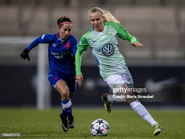 Pernille Harder of VfL Wolfsburg is challenged by Petra Divisova of Slavia Praha during the UEFA Women's Champions League Quarter Final first leg...