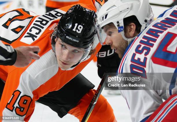 Nolan Patrick of the Philadelphia Flyers prepares to face off against David Desharnais of the New York Rangers on March 22, 2018 at the Wells Fargo...