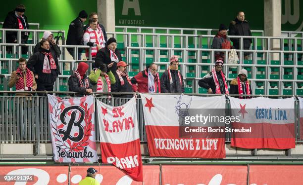 Fans of Praha attend the UEFA Women's Champions League Quarter Final first leg match between VfL Wolfsburg and Slavia Praha at AOK-Stadion on March...