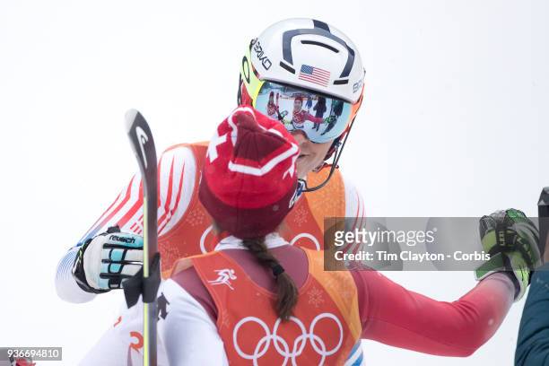 T"n Lindsey Vonn from the United States is consoled by bronze medalist Wendy Holdener from Switzerland after crashing out of the slalom to finish out...