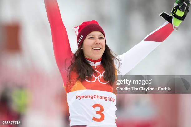 Bronze medalist Wendy Holdener from Switzerland on the podium during the Alpine Skiing - Ladies' Alpine Combined Slalom at Jeongseon Alpine Centre on...