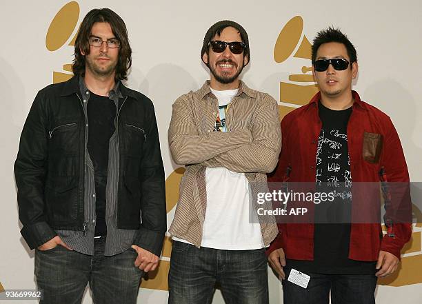 Linkin Park's Rob Bourdon , Mike Shinoda and Joe Hahn pose during the Grammy Nominations Concert in Los Angeles on December 2, 2009. The 52 annual...