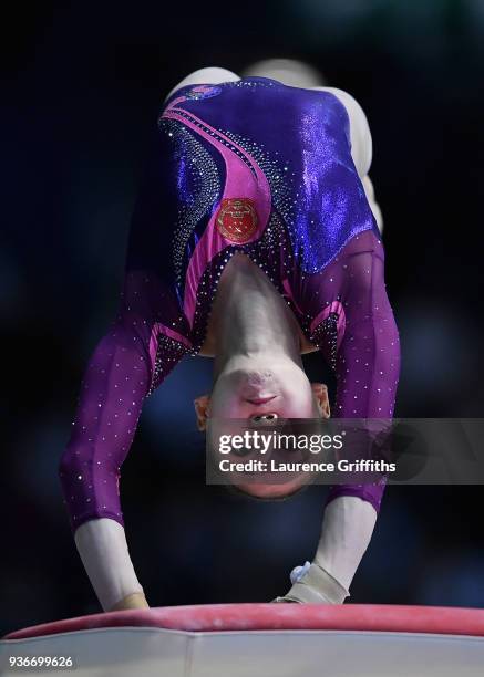 Jieyu Liu of China competes on the vault during day two of the 2018 Gymnastics World Cup at Arena Birmingham on March 22, 2018 in Birmingham, England.