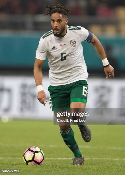 Ashley Williams of Wales in action during 2018 China Cup International Football Championship between China and Wales at Guangxi Sports Center on...