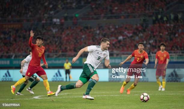 Sam Vokes of Wales in action during 2018 China Cup International Football Championship between China and Wales at Guangxi Sports Center on March 22,...