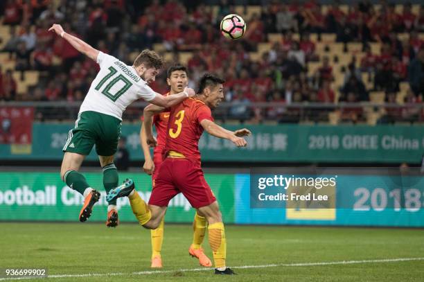 Tom Bradshaw of Wales in action during 2018 China Cup International Football Championship between China and Wales at Guangxi Sports Center on March...