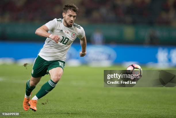 Tom Bradshaw of Wales in action during 2018 China Cup International Football Championship between China and Wales at Guangxi Sports Center on March...