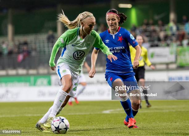 Pernille Harder of VfL Wolfsburg is challenged by Petra Divisova of Slavia Praha during the UEFA Women's Champions League Quarter Final first leg...