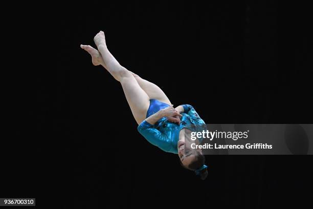 Hannah Chrobok of Canada competes on the floor during day two of the 2018 Gymnastics World Cup at Arena Birmingham on March 22, 2018 in Birmingham,...