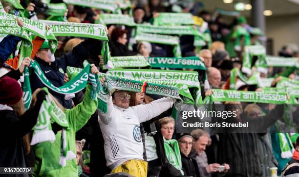 Fans of Wolfsburg celebrate prior to the UEFA Women's Champions League Quarter Final first leg match between VfL Wolfsburg and Slavia Praha at...