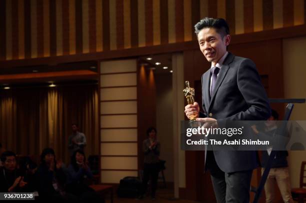 Make-up artisit Kazuhiro Tsuji attends a press conference after awarded the 2018 Academy Award for Best Makeup and Hairstyling on March 20, 2018 in...