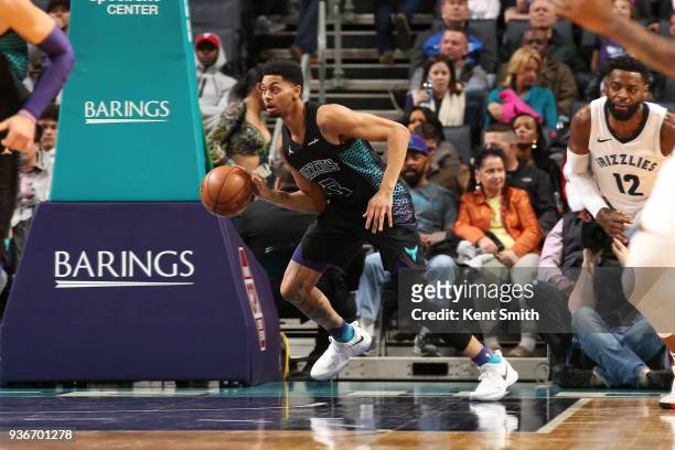 Jeremy Lamb of the Charlotte Hornets handles the ball against the Memphis Grizzlies on March 22, 2018 at Spectrum Center in Charlotte, North...