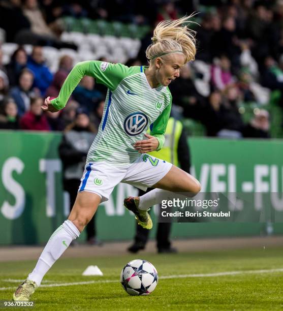 Pernille Harder of VfL Wolfsburg runs with the ball during the UEFA Women's Champions League Quarter Final first leg match between VfL Wolfsburg and...