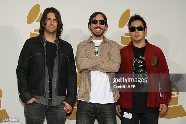 Linkin Park's Rob Bourdon , Mike Shinoda and Joe Hahn pose during the Grammy Nominations Concert in Los Angeles on December 2, 2009. The 52 annual...