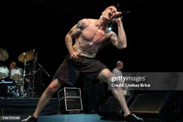 Rollins Band at Nokia Theater. Henry Rollins, eyes closed, face turned upward to mic while in performance with Rollins Band on June 16, 2006 at the...