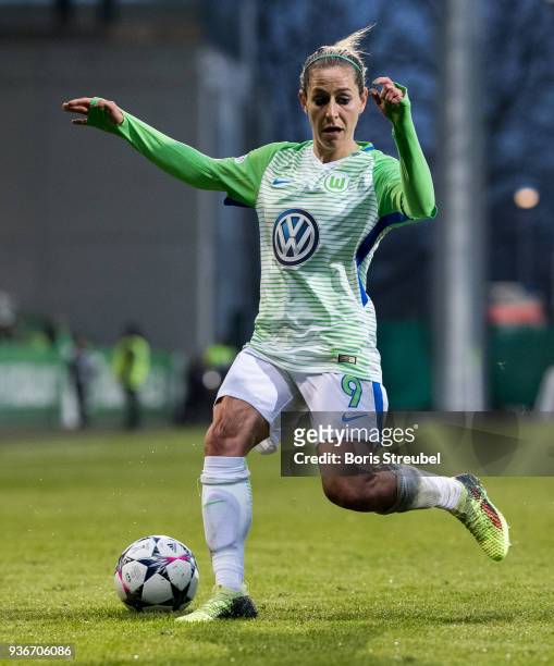 Anna Blaesse of VfL Wolfsburg runs with the ball during the UEFA Women's Champions League Quarter Final first leg match between VfL Wolfsburg and...