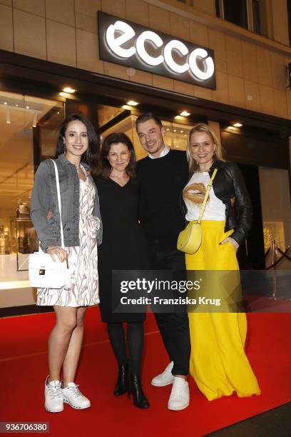 Stephanie Stumph wearing ECCO shoes, store manager Pascal Mueller, Nadina Pellegrino, Nova Meierhenrich wearing an ECCO bag during the ECCO Flagship...