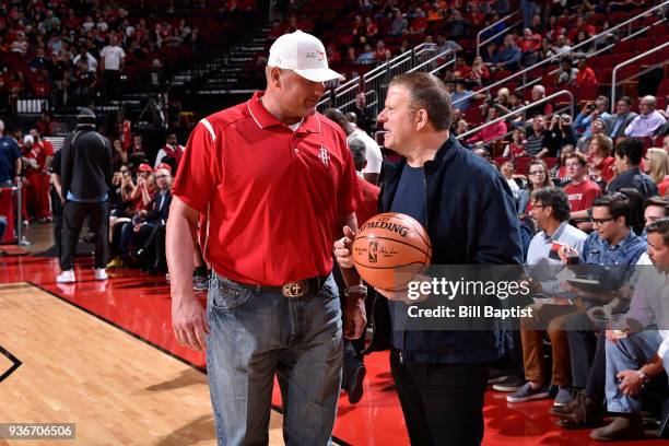 Former Houston Astro Roger Clemens and Houston Rockets owner Tilman Fertitta talk before the game between the LA Clippers and the Houston Rockets on...