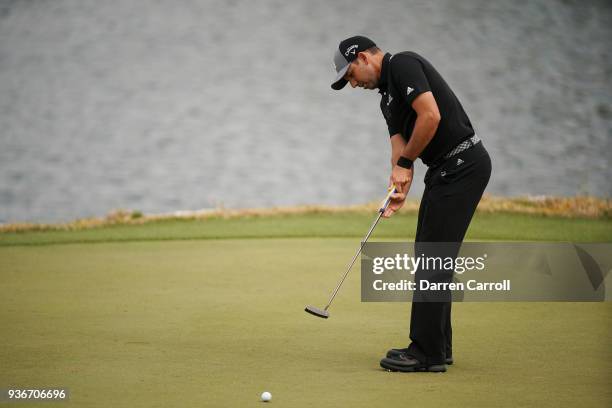 Sergio Garcia of Spain putts on the 11th green during the second round of the World Golf Championships-Dell Match Play at Austin Country Club on...