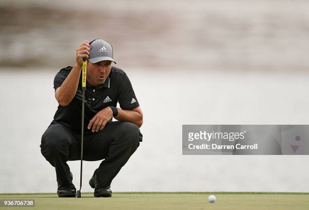 Sergio Garcia of Spain lines up a putt on the 12th green during the second round of the World Golf Championships-Dell Match Play at Austin Country...