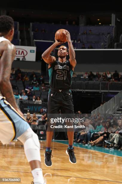 Treveon Graham of the Charlotte Hornets shoots the ball against the Memphis Grizzlies on March 22, 2018 at Spectrum Center in Charlotte, North...