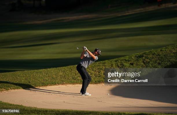 Brendan Steele of the United States plays a shot from a bunker on the 16th hole during the second round of the World Golf Championships-Dell Match...