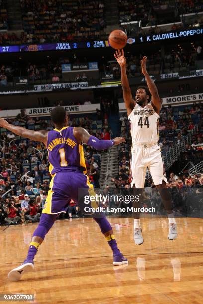 Solomon Hill of the New Orleans Pelicans shoots the ball against the Los Angeles Lakers on March 22, 2018 at Smoothie King Center in New Orleans,...