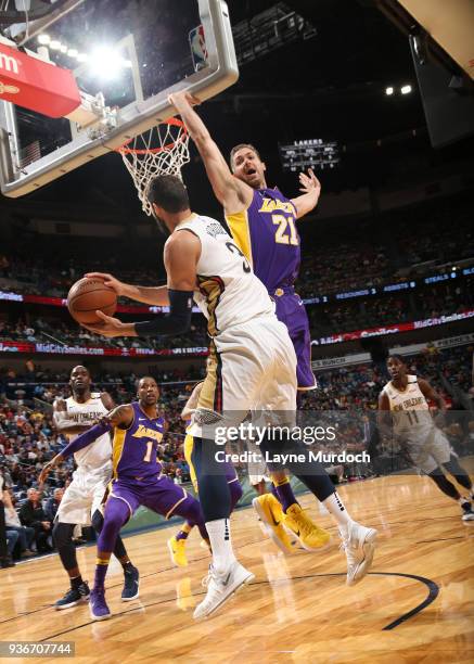 Travis Wear of the Los Angeles Lakers blocks the shot against the New Orleans Pelicans on March 22, 2018 at Smoothie King Center in New Orleans,...