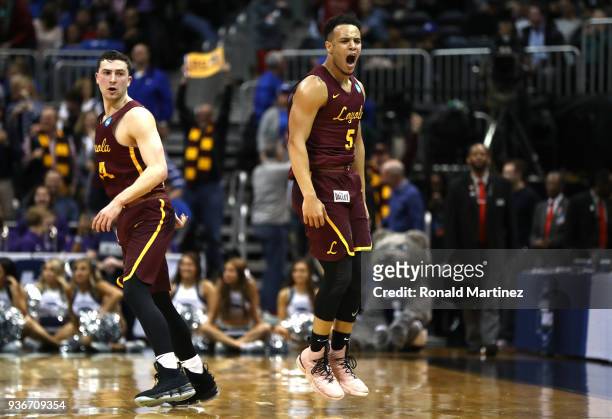 Marques Townes of the Loyola Ramblers reacts after making a three point basket late in the second half against the Nevada Wolf Pack during the 2018...