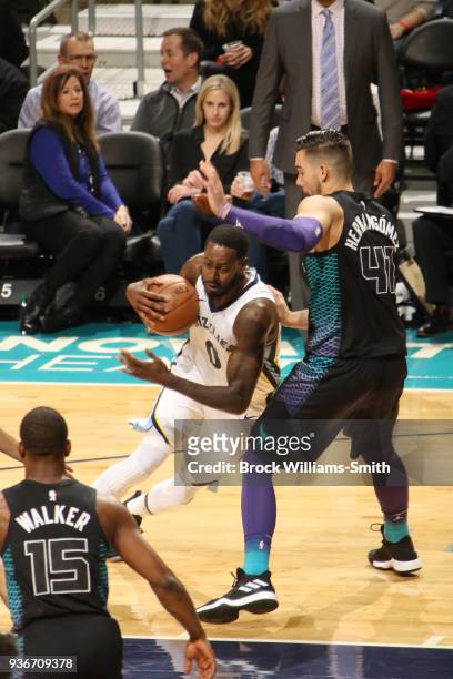 JaMychal Green of the Memphis Grizzlies handles the ball against the Charlotte Hornets on March 22, 2018 at Spectrum Center in Charlotte, North...