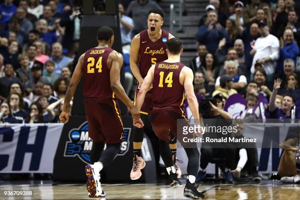Marques Townes of the Loyola Ramblers reacts after making a three point basket late in the second half against the Nevada Wolf Pack during the 2018...